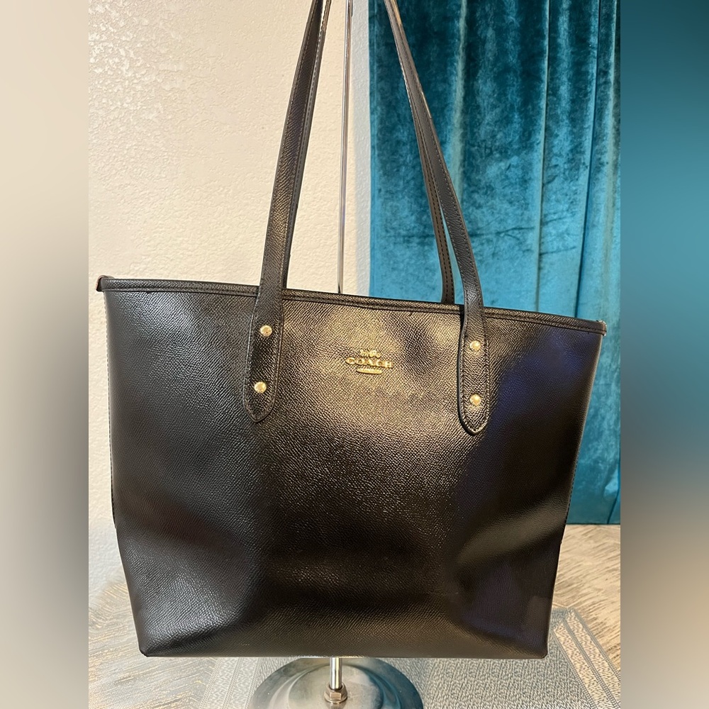 Coach Black Leather Tote with Gold Accents